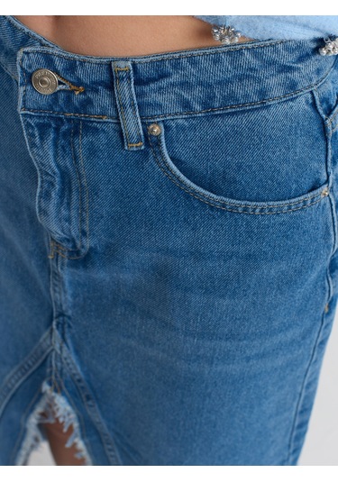 Dilvin Yırtmacı Püsküllü Uzun Etek Mavi