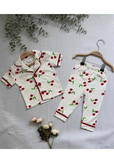 Kiraz Baskılı Yazlık Pijama Takımı -1164 Beyaz
