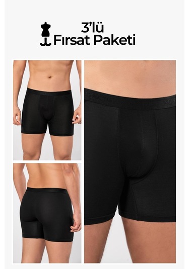 Weweus Siyah 3'lü Micro Modal Premium Erkek Uzun Boxer 14193 Siyah