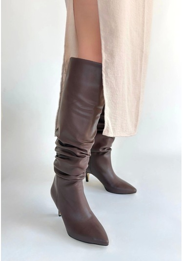 Zelya Kahverengi Cilt Topuklu Çizme Kahverengi