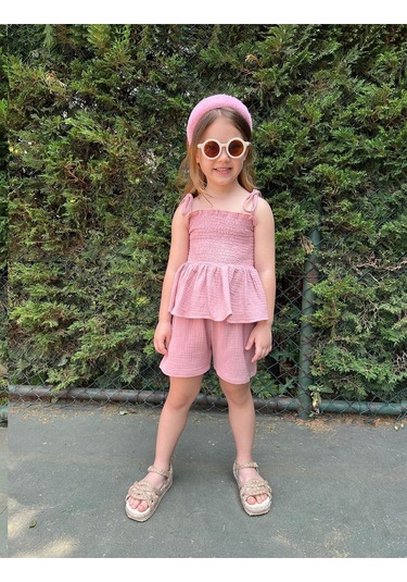Müslin Kumaş Şortlu Kız Çocuk Takım Pudra