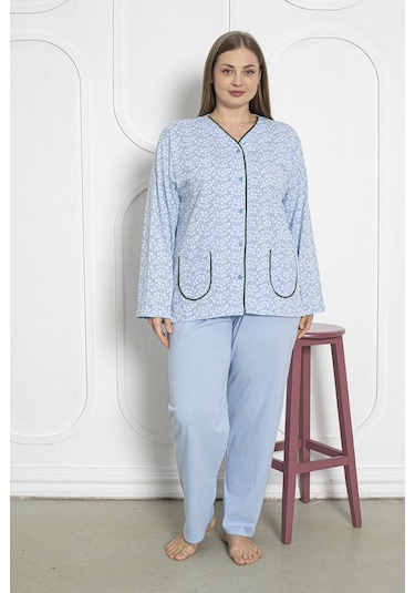 %100 Pamuklu Uzun Kollu Boydan Düğmeli Büyük Beden Kadın Pijama Takımı 206 Mavi