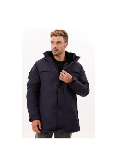 Erkek Polarlı Kürklü Su Ve Rüzgar Geçirmez Kapüşonlu Kışlık Mont & Kaban & Parka - Elyaflamalı Lacivert