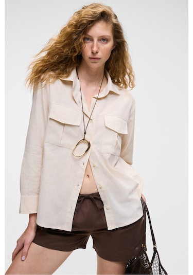 RIGO Kadın Gömlek Yaka Uzun Kol Regular Uzun İnce Krem Gömlek