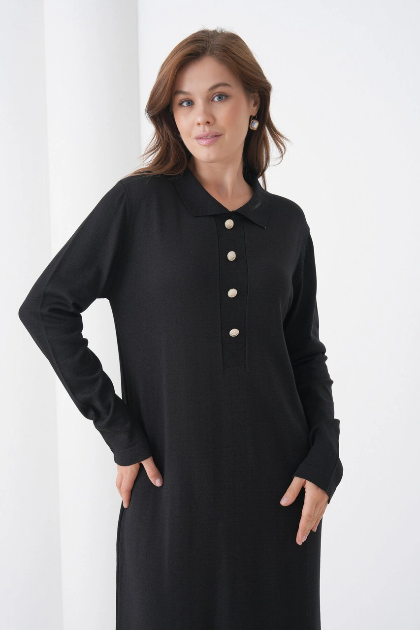 Kadın Uzun Kol Gömlek Yaka Triko Önden Düğmeli Triko Spor Şık Elbise Siyah