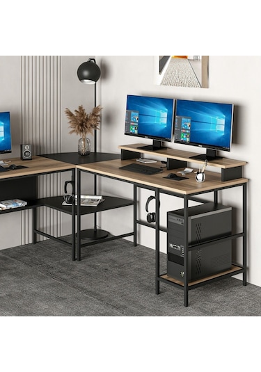 Minarmobilya Minar Greta L Köşe Çalışma Masası - Dore/Siyah Ceviz