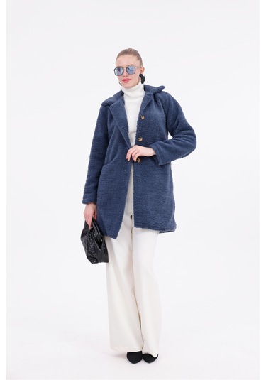 Düğmeli Cepli Kadın Peluş Kaban İndigo