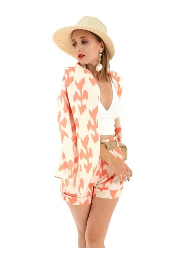 Kemerli Desenli Oversize Blazer Ceket - Turuncu-turuncu Turuncu