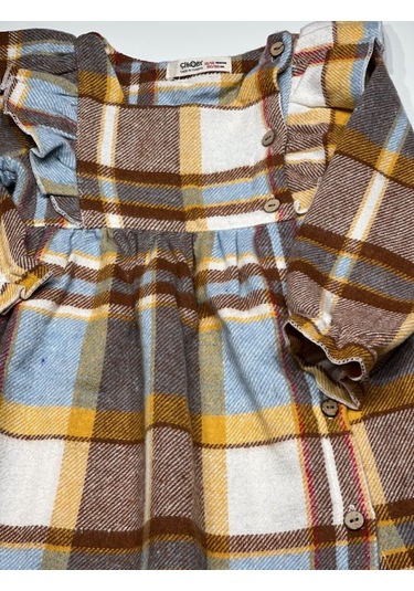 Kareli Fırfırlı 9-12 Ay Kız Bebek Dokuma Elbise Kahverengi