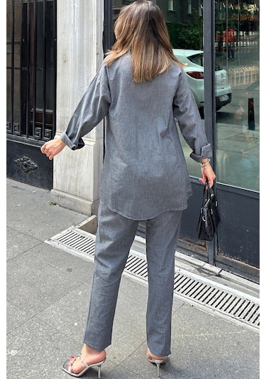 Antrasit Uzun Tunik Gömlek & Beli Lastikikli Rahat Pantolon - Yıkamalı Kot Kumaş Alt Üst Takım Antrasit