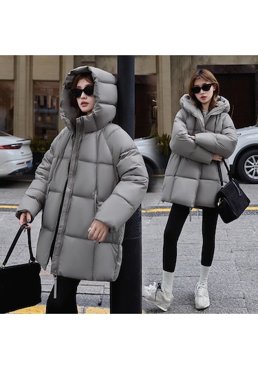 Yeni Yüksek Kaliteli, Orta Uzunlukta, Kapüşonlu, Kalınlaştırılmış Kadın Mont Siyah