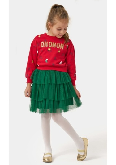 Kız Çocuk Ohom Yazılı Kat Kat Etekli Takım Nbk-24925 Kırmızı