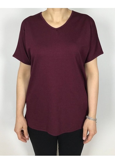 Kısa Kol V Yaka Likralı Düz Penye Bluz Bordo