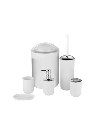 Lemestar Beyaz Pp Plastik Banyo Aksesuar Seti Sabun Spreyi, Fırça Tutucu, Tuvalet Fırçası, Çöp Kutusu, Bardak, Sabun Tablası 6 Parça Beyaz