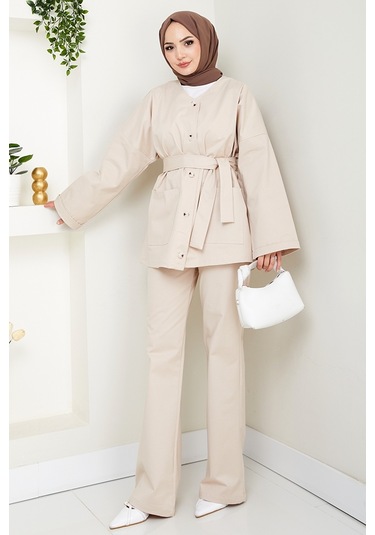 Kemerli Ceket Pantolon Gabardin Takım 1557 - Bej Bej