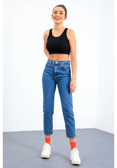 Tommy Life Lacivert Basic Sıfır Kol Dar Kalıp U Yaka Kadın Crop Top Atlet - 97160 Lacivert