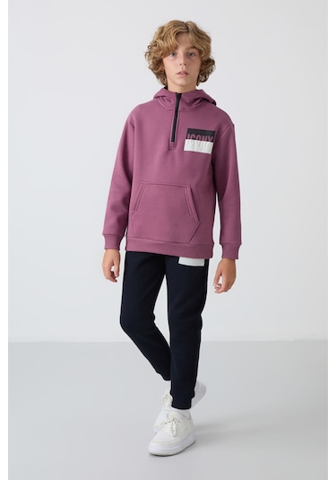 Tommy Life Soft Vişne-lacivert Pamuklu Kalın İçi Tüylü Yumuşak Dokulu Standart Fit Baskılı Erkek Çocuk Eşofman Kırmızı - Lacivert