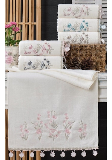 6'lı Set 30x50 Cm. Çeyizlik Kadife Nakışlı Yonca Küpeli Dantelli Lüks El Ve Mutfak Havlu Seti Gül