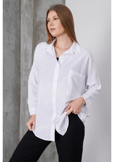 Paw Garage Kadın London Keten Tek Cepli Oversize Gömlek, Premium Kalite Keten Gömlek Beyaz