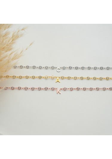 Queen Silver Jewelry 925 Ayar Gümüş Harf Bileklik Beyaz Zirkon Taşlı Tamtur Altın