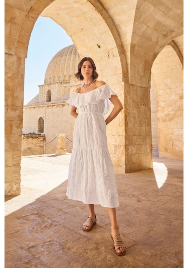 Monamise 23078 Kadın Volanlı Fisto Elbise-beyaz Beyaz