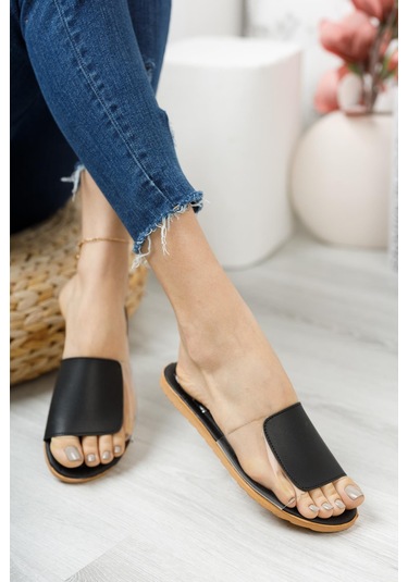 Rose Şeffaf Kadın Terlik Açık Ev Terliği Siyah