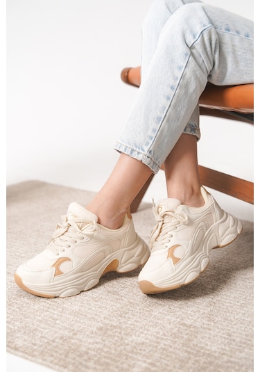 Garantili D0164 Günlük Ortopedik Kadın Sneaker Spor Ayakkabı Bej