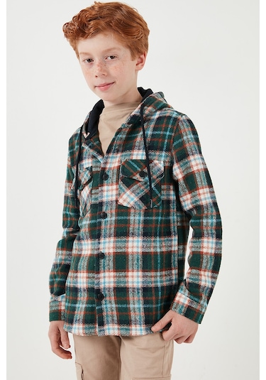 Lela Kapüşonlu Çift Cepli Ekoseli Kışlık Oduncu Erkek Çocuk Gömlek Cf24W81778 Kiremit-Yeşil
