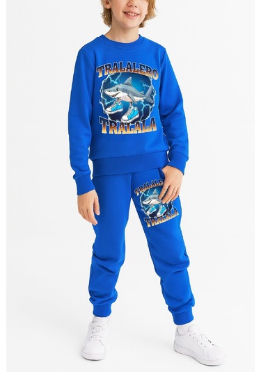 Erkek Çocuk 3 İplik Şardonlu Alt-üst Takım Görsel Baskılı 3-10 Yaş 12412 Saks Mavisi