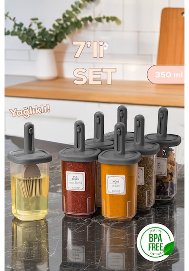 Porsima 4364 7 Li Kaydırmalı Kaşıklı Sızdırmaz Kapaklı Etiketli Baharatlık Seti - Saklama Kabı Antrasit Antrasit