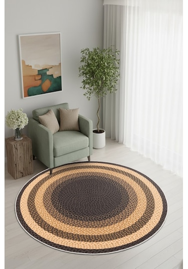 Zeminde Sıcaklık Örgü Desen Görünümlü Yuvarlak Kaymaz Taban Halı Bej - Kahve