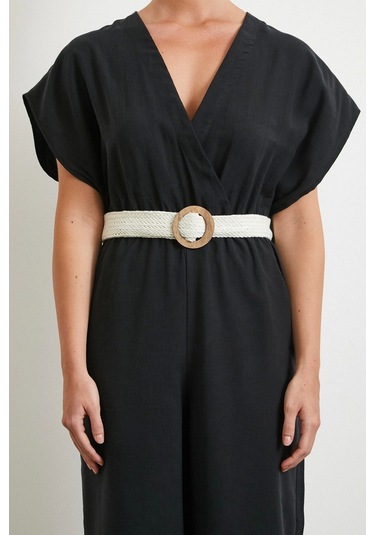 Kemer Detaylı Yarasa Kol Tulum Siyah Siyah