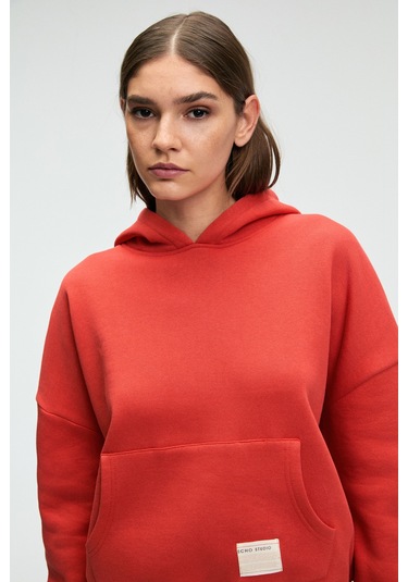 Grımelange Clarıe Kadın Organik Pamuklu Oversize Kanguru Cepli Kapüşonlu Kırmızı Sweatshirt Kırmızı