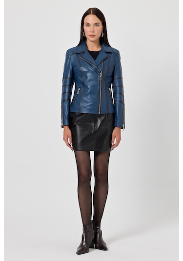 Diana Mavi Kadın Deri Mont 001