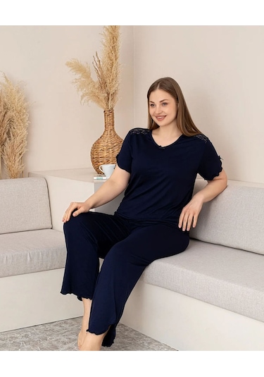 Lukitus Büyük Beden Battal Bambu Dantel Detaylı Kısa Kol Kadın Pijama Takımı Lacivert