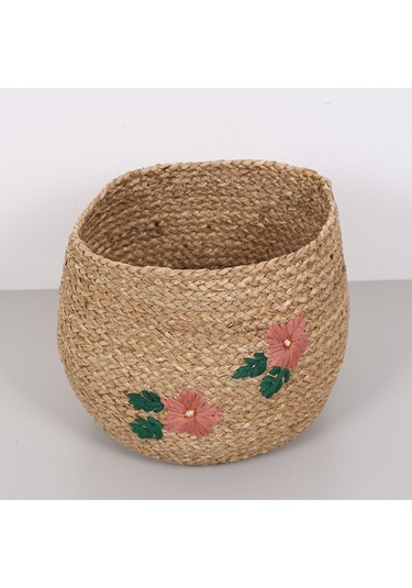 Karanfil Çiçek Desenli 33x25 Cm Deniz Sazı Sepet Bej