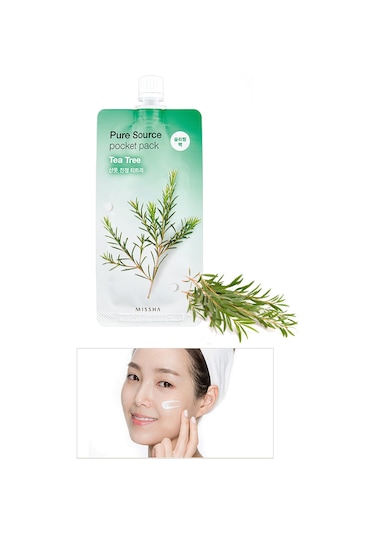 Missha Pure Source Pocket Pack Tea Tree Sivilceli Ciltler için Çay Ağacı Yağı İçeren Uyku Maskesi 10 ML