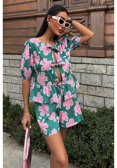 Kadın Multi Çiçek Desenli Poplin Kısa Takım Çok Renkli