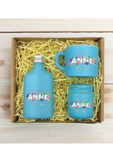 Bk Gift Kişiye Özel İsimli Dtf Anne Temalı Turkuaz Kahve Fincanı & Kolonya & Mum Hediye Seti-3, Anneye Hediye, Anneler Günü Hediyesi Kobitmeyencom3098
