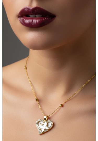 Altın Renk Beyaz Sedef Kalp Kelebek Model Top Zincir Çelik Kolye- 3725 Çok Renkli
