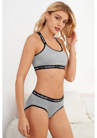 Kadın Gri Çapraz Sırtlı Yazılı Iç Çamaşır Takımı Çok Renkli