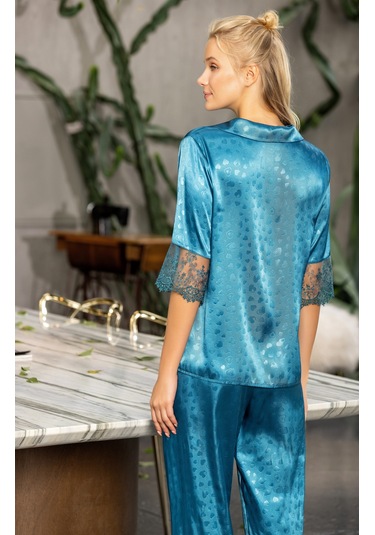 Laperissa Kadın Mavi Desenli Saten Düğmeli Pijama Takımı Dantel Kol Detaylı Şık Ve Rahat 2 Li Set Mavi