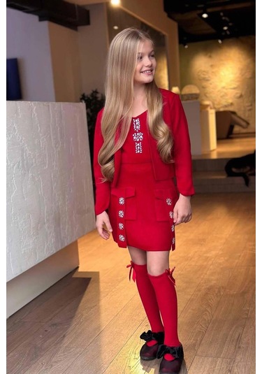 Riccotarz Kız Çocuk Askılı Bluz Hırka Ve Elmas Taş İşlemeli Cepli Bordo Triko Etekli Takım Bordo