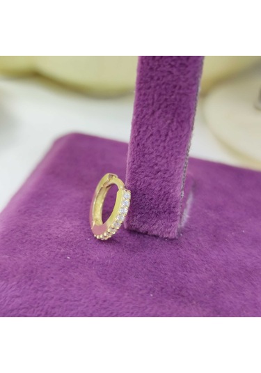 8 Mm Taşlı Halka Gümüş Küpe Tek - Altın Sarı Beyaz