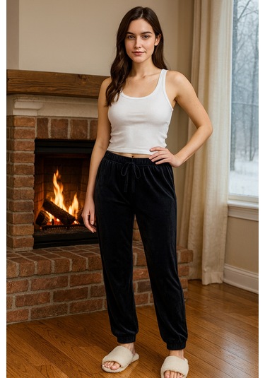 Kadın Paçası Lastikli Cep Detaylı Kadife Kumaş Tek Alt 503 Siyah Siyah