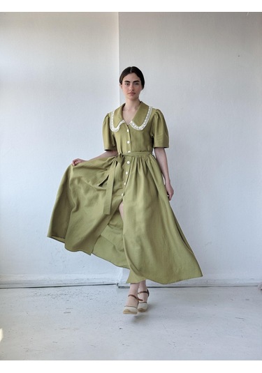 Retrobird 1950'li Yılların Tasarımı Dantelli Betty Maxi Uzun Elbise Kadın Çağla-13916 Çağla Yeşili