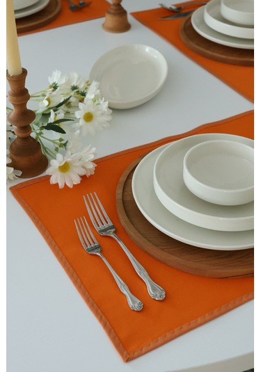 Yakacihome 4'lü Pera Turuncu Biye Detaylı Duck Keten Yıkanabilir, Leke Tutmaz Supla Amerikan Servis Seti Turuncu