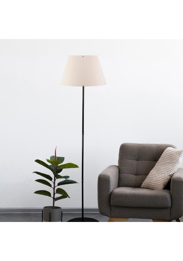 Art Siyah Metal Ayaklı Krem Konik Kumaş Başlık Lambader Salon Yatak Odası Köşe Lambası Krem