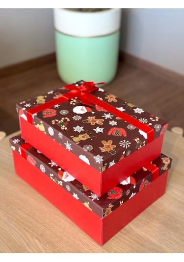 Yılbaşı Temalı 3 Lü Dekoratif Fiyonklu Hediye Kutusu Kahverengi Orta-büyük Boy 35x25x13 Cm