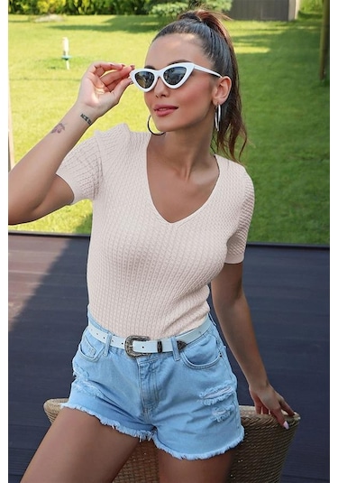 V Yaka Kısa Kol Taş Bluz TAŞ Taş